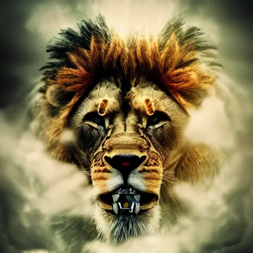 Image similar to a beautiful detailed 3 d matte portrait of a lion made of whirling dark smoke, ominous, dark cloud, magical realism, texture, intricate, skull, skeleton, whirling smoke radiant colors, fantasy, volumetric lighting, high details