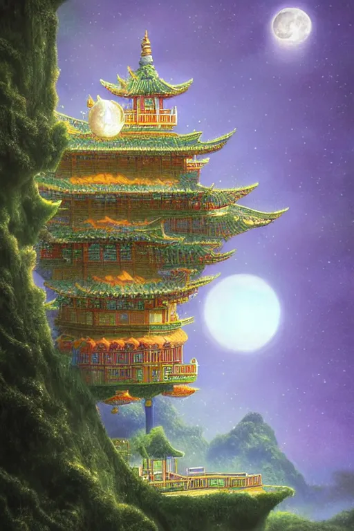 Image similar to moon palace, palace, made of crystals, dream, cloud, tintal effect, super detail, 8 k, volume light, ultragreen, chinese traditional color tone, by hayao miyazaki and lee madgwick, trending on artstation