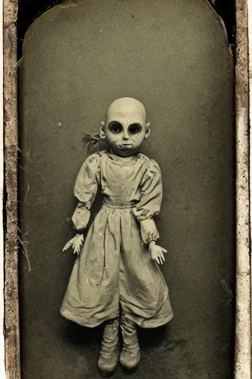 Image similar to dirty cracked crying vintage evil bald doll no mouth sitting in dirt basement cobwebs tintype photo