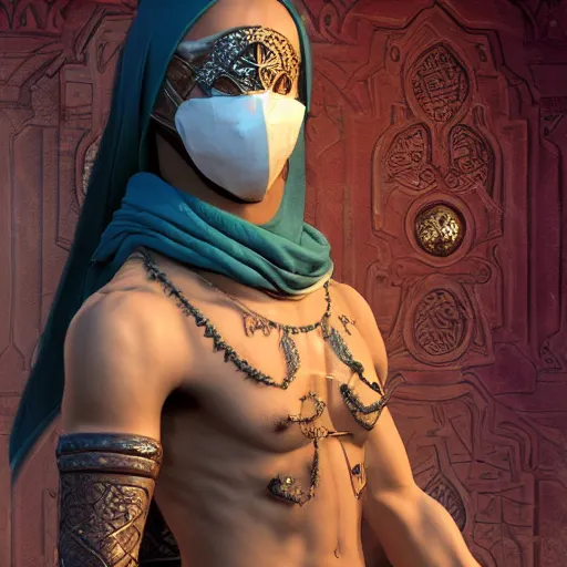 Prompt: D&D rogue character art:: Arabian warrior, intricate ornate armor, half-mask, tattoo, muscle, full body portraits, 35mm, position, cinematic litghing, realism concept art composition, ultra realistic, realism, cinematic, photorealistic, epic scene, low-key lighting, renderman, physically based render, dolby vision, 4k, super detailed, 8K, fantasy, detailed painting, long neck, long anatomy, mixed up, extra anatomy, style of charlie bowater, tom bagsgaw, artgerm, rule of thirds