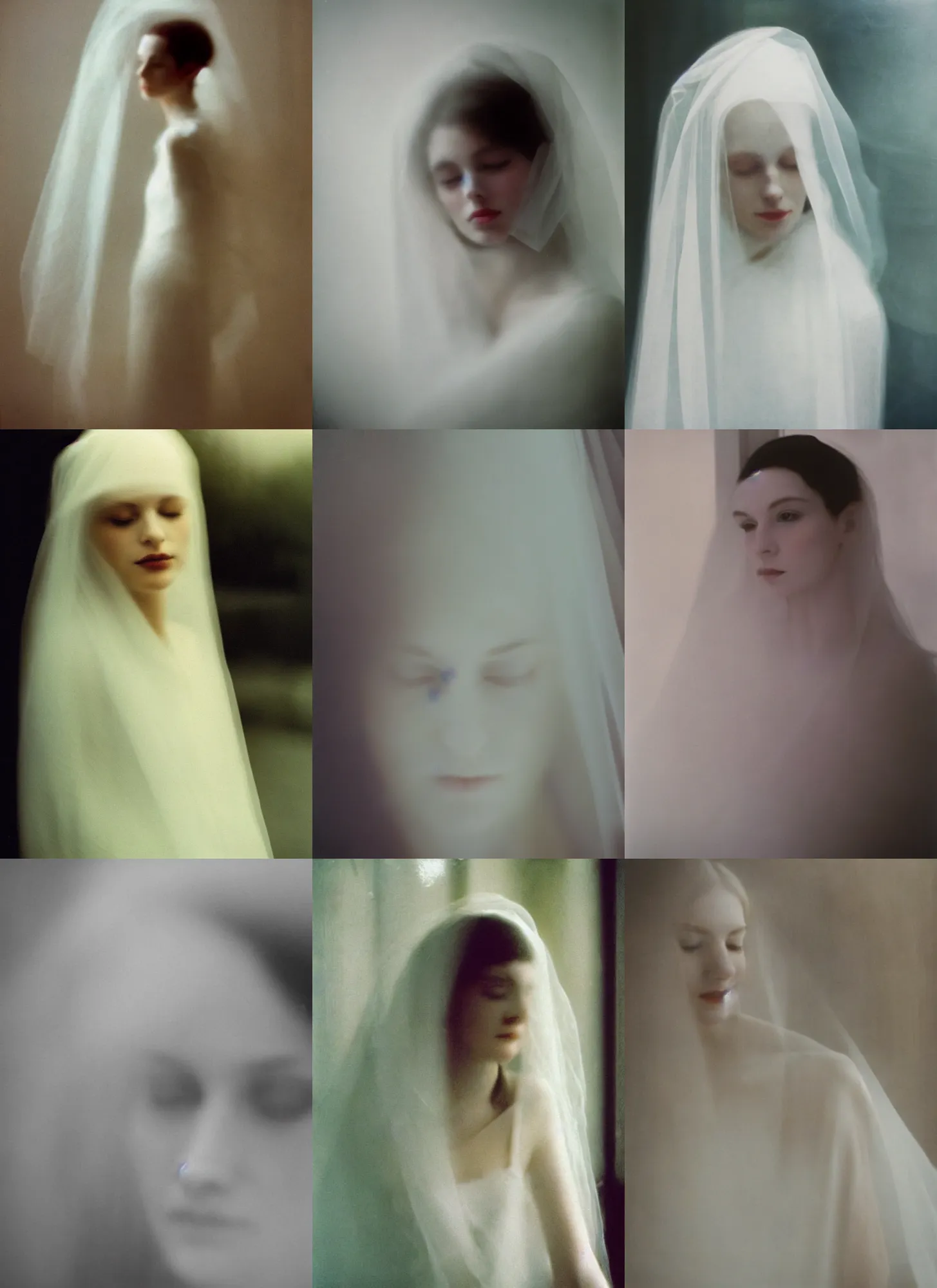 Prompt: out of focus photorealistic portrait of a beautiful aesthetic pale woman by saul leiter, behind a white veil, very blurry, translucent white skin, closed eyes, foggy