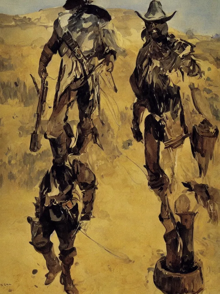 Prompt: a filmmaker cowboy dressed in ned kelly iron chicken armour, character design painted by sorolla and anders zorn