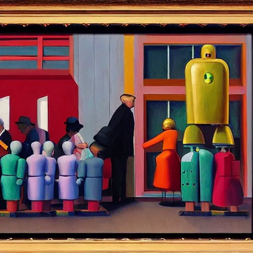 Image similar to robots queue up for ice cream,! grant wood!,! pj crook!, edward hopper, oil on canvas