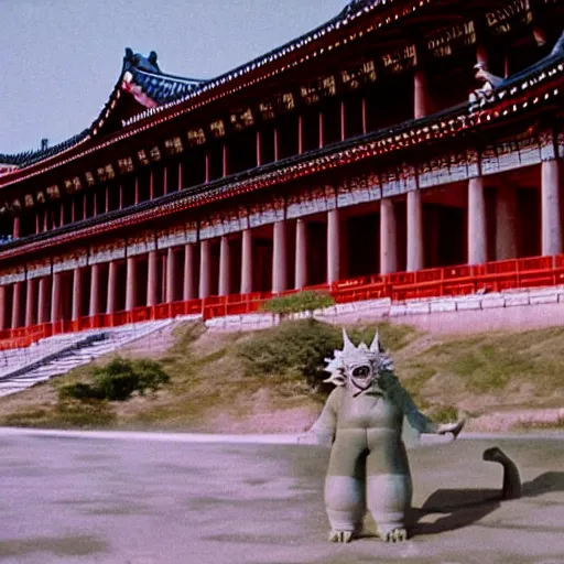 Image similar to Pulgasari the Kaiju Monster, overshadowing a Korean palace, Kodachrome 35mm cinemascope, Kim Jong-il production