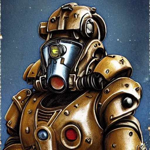 Image similar to polaroid hyper realistic fallout New Vegas brother hood of steel paladin in t-51b power armor by Tarkovsky