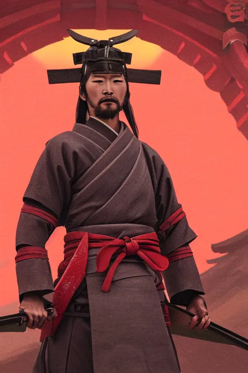 Prompt: Closeup portrait of a samurai wearing a sashimono. Red rising sun and Torii gate in background. Unique godlike samurai. Greg rutkowski legendary matte painting.. 4k, particles light,