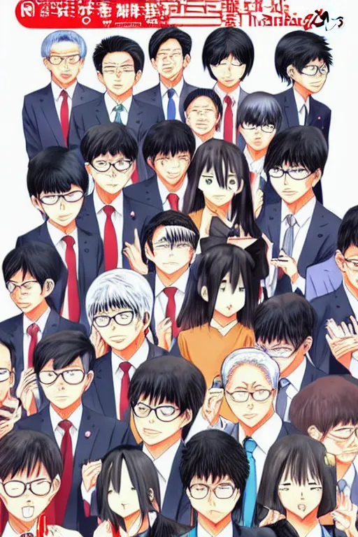 Image similar to a cover of modern manga about singapore ministers, high detail, anime cover, illustrated