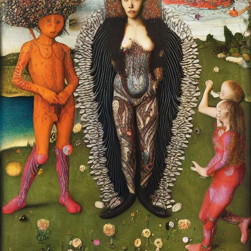 Prompt: a wide landscape with a tattood alien girl with fish scales and feathers swimming with flowers by jan van eyck, ernst fuchs, nicholas kalmakoff, joep hommerson, character, full body, catsuit, max ernst, hans holbein