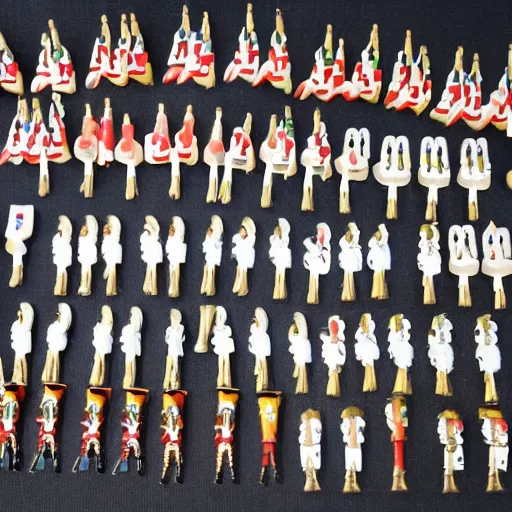 Prompt: a war between two factions of nutcracker armies, each with a different color and flag. Small, tiny, toy war,