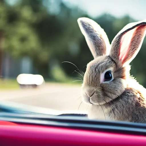 Image similar to a cute bunny driving a convertible, studio photo, high quality