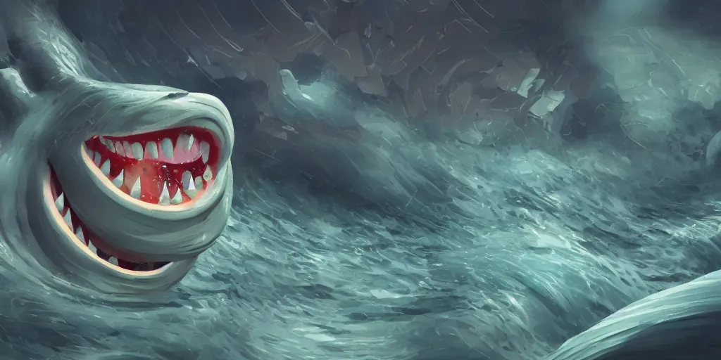 Image similar to of a stormy ocean with strange cute friendly happy creatures with huge eyes, mouth, long tongue, round teeth and goofy face, appearing from the background, in the style of gehry and gaudi, macro lens, shallow depth of field, ultra detailed, digital painting, trending artstation, concept art, illustration, cinematic lighting, photorealism, epic, octane render