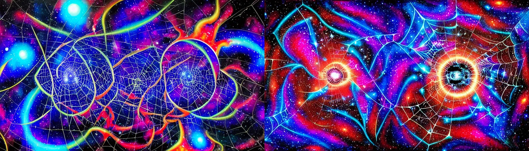 Prompt: a galaxy exploding, psychedelic colors, a blacksmith swinging his hammer at his forge, realistic reflections, body building blacksmith, stars, psychedelic patterns, fractal, rippling fabric of reality, the spider that weaves the web of time, sharpen lines, bold linework