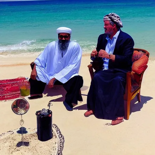 Image similar to osama bin ladan hanging out with george w bush jr hitting the bong on a beautiful sunny day on the beach in the middle of mexico