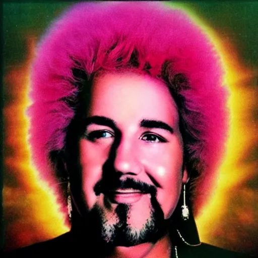 Image similar to 8 0 s new age album cover depicting a fluffy pink cloud in the shape of guy fieri, very peaceful mood