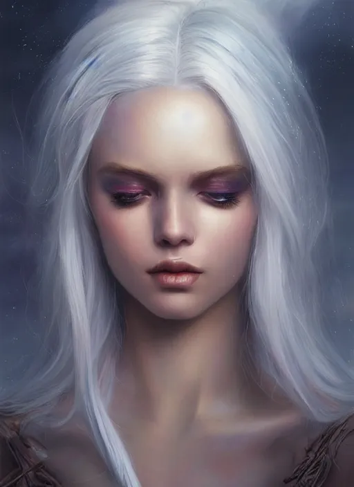 Image similar to girl with iridescent silver hair, beautiful highly detailed face, complementary lighting, backlit, eyeshadow, divine, dramatic lighting, landscape background, beautiful painting by artgerm and greg rutkowski and raymond swanland