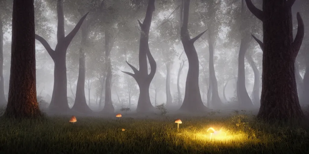 Prompt: the magical and mystical and foggy forest of vanaheim, scandinavian / norse influenced with magical glowing mushrooms and glowing fireflies, cinematic, ray traced, octane render, cinematic lighting, ultrarealistic, featured on artstation, 8 k uhd artwork