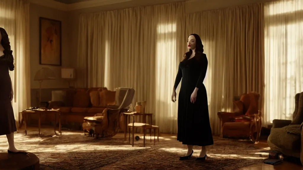 Image similar to Kat Dennings standing in the living room, film still from the movie directed by Denis Villeneuve with art direction by Salvador Dalí, wide lens, 4K, realistic