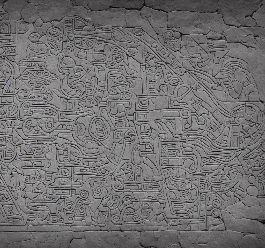 Prompt: mayan hieroglyph blueprints showing how to build a rocket ship to the moon, stone carving, colorful, glyphs, rocket, wall of a tomb, highly details, realistic, cinematic lightning, medium shot, mid-shot, highly detailed, trending on artstation, Unreal Engine 4k