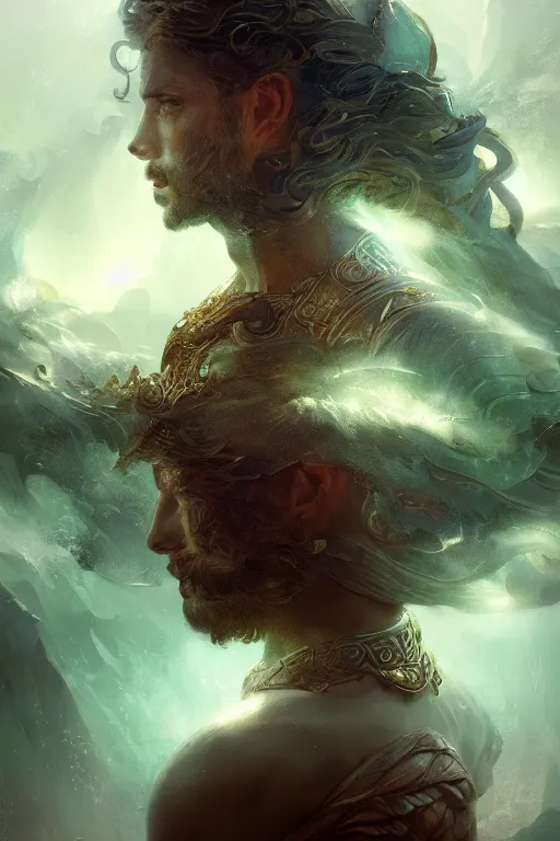 Image similar to Atlantis god, portrait, powerfull, intricate, elegant, volumetric lighting, scenery, digital painting, highly detailed, artstation, sharp focus, illustration, concept art, ruan jia, steve mccurry