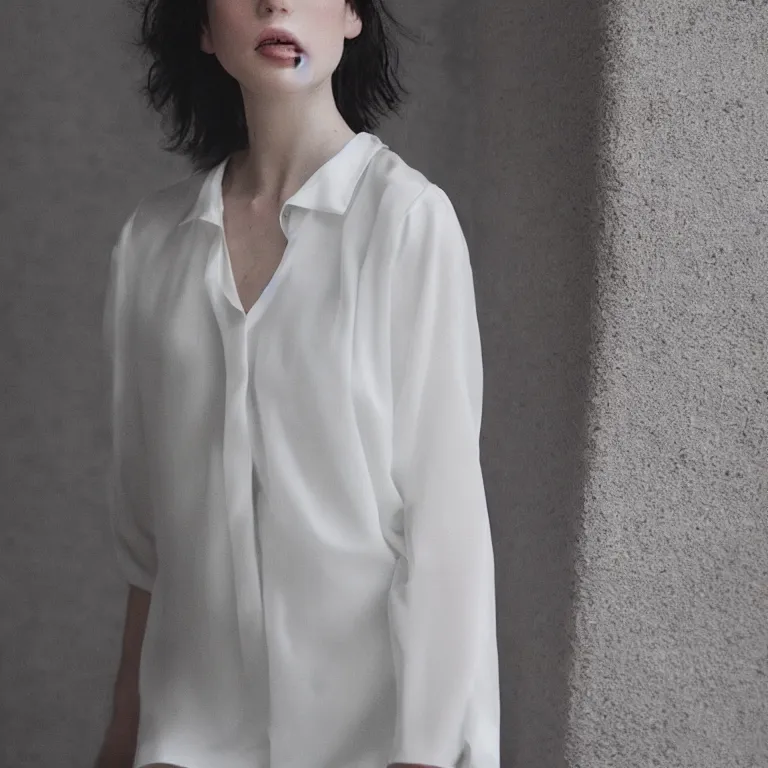 Image similar to hitch dreise blouse in a white room, beautiful face, pale skin, rule of thirds, cinematic lighting, rainy weather, melancholy atmosphere, sharp focus, backlit, stunning, model agency, smooth, hard focus, full body shot, instagram photo, shot on iphone 1 3 pro max, hyper realistic,