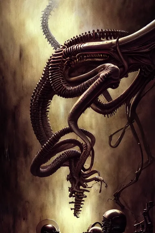Image similar to xenomorph and david | esoteric symbolism | jean - baptiste monge, esao andrews, bastien lecouffe - deharme, tim jacobus, ken currie | ultra - detailed realism, soft cinematic lighting, hi - fructose, artstation, high - quality, ink watercolors wes anderson poster art