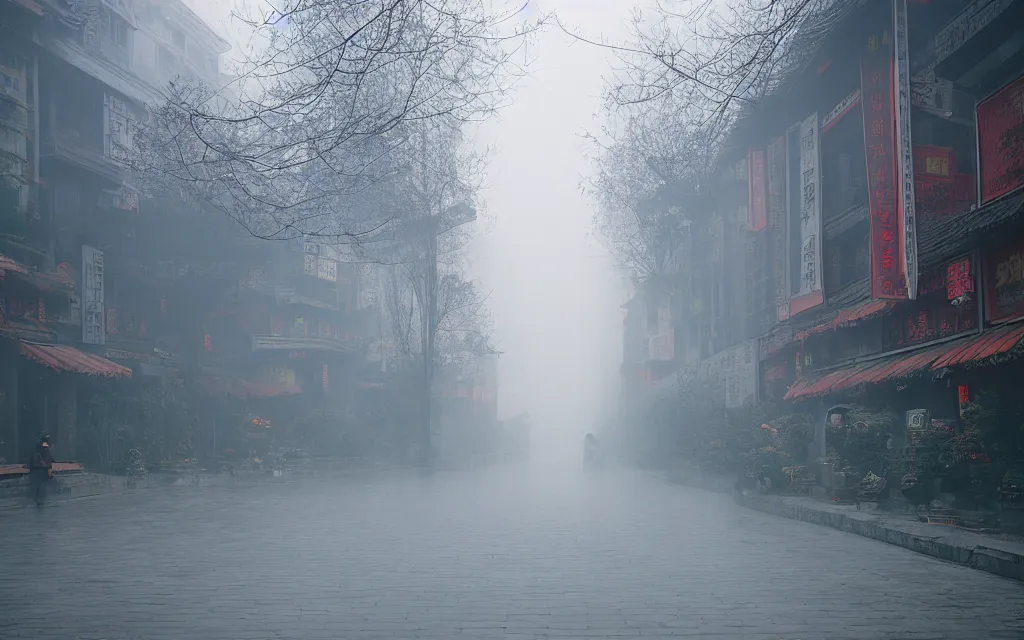 Prompt: misty winter morning in chengdu, narrow quiet streets, postcard, hasselblad mamiya kodak ektar velvia