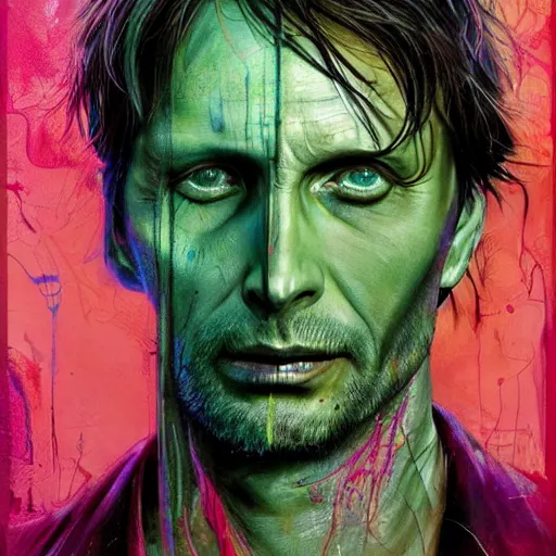 Image similar to a Demon Slayer portrait of Mads Mikkelsen, tall, pale-skinned, slender with lime green eyes and long eyelashes by Stanley Artgerm, Tom Bagshaw, Arthur Adams, Carne Griffiths, trending on Deviant Art, street art, face enhance, chillwave, maximalist, full of color, glittering