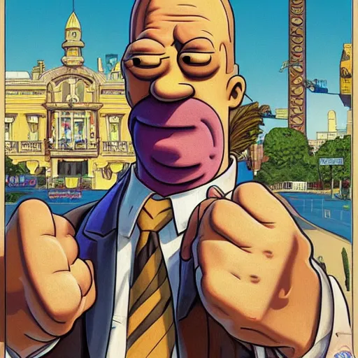 Image similar to [Homer Simpson as the president of France as GTA character, propaganda, closeup, D&D, intricate, elegant, highly detailed, digital painting, artstation, concept art, matte, sharp focus, illustration, art by Artgerm and Greg Rutkowski and Alphonse Mucha and Enki Bilal]