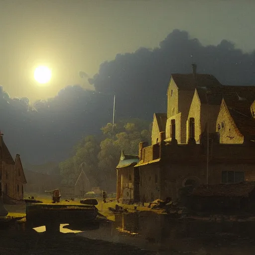 Image similar to dark solar eclipse, above a village, highly detailed, studio 4 k quality, by alexandre calame