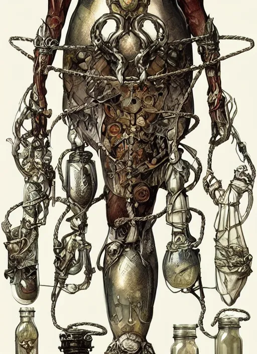 Prompt: epic prop design concept art, mammalian hips with a rope belt potion belt. stoppered bottles, potion belt, 3 potions a few empty bottles. potion belt prop concept. art by artgerm and h r giger and alphonse mucha. mixed media for dnd character