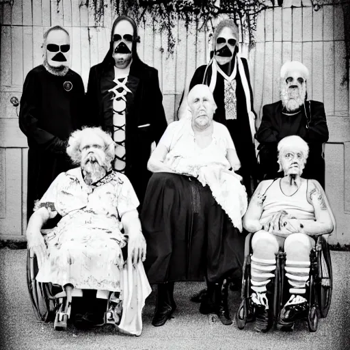 Prompt: an old age home for geriatric satan goths. photograph group portrait.