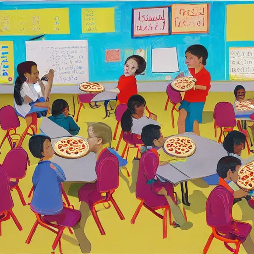 Prompt: a fifth grade pizza party in the classroom. James jean. Andrei Riabovitchev