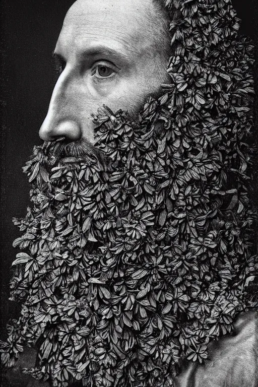 Image similar to a man's face in profile, long beard, made of flowers and fruit, in the style of the Dutch masters and Gregory crewdson, dark and moody