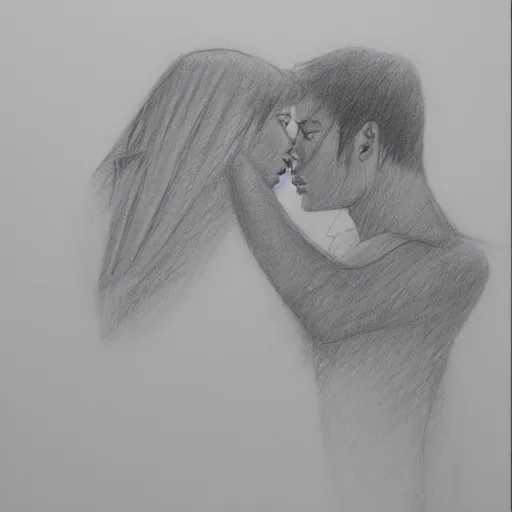 Prompt: dramatic event between lovers, pencil sketch, 2 man, almost stroking, tears, low water, white colors