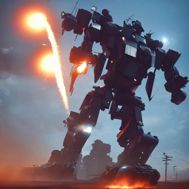 Image similar to Giant police mech fires rockets at helicopter, color, cinematic lighting, highly detailed, octane render