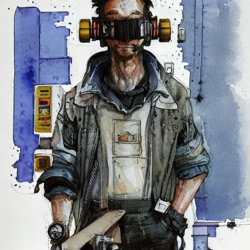 Prompt: watercolor of a cyberpunk mechanic, realistic, detailed, Industrial Scifi, in the style of Ashley Wood and Moebius
