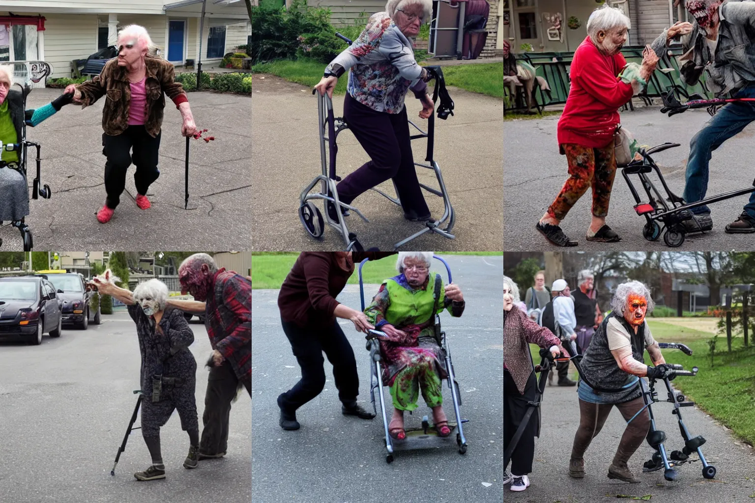 Prompt: A grandma with a walker fighting off zombies