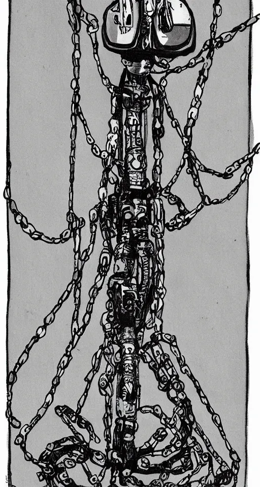 Image similar to a robot hanging by chains upside down peacefully, beautiful ink painting inspired by the hanged man tarot card, sharp lines