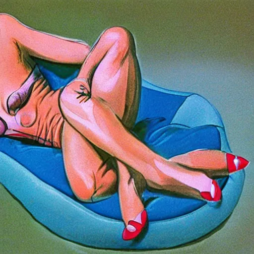 Prompt: playful by neal adams. a body art of a woman reclining on a bed.