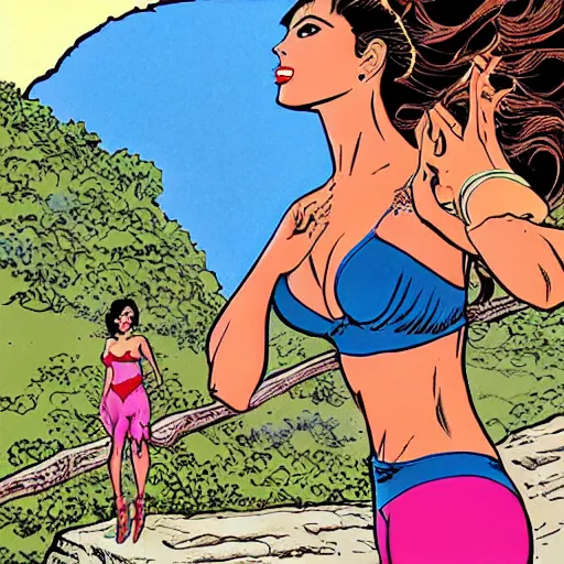 Prompt: attractive hispanic women talking by a cliff side, drawn by jaime hernandez, gilberto hernandez