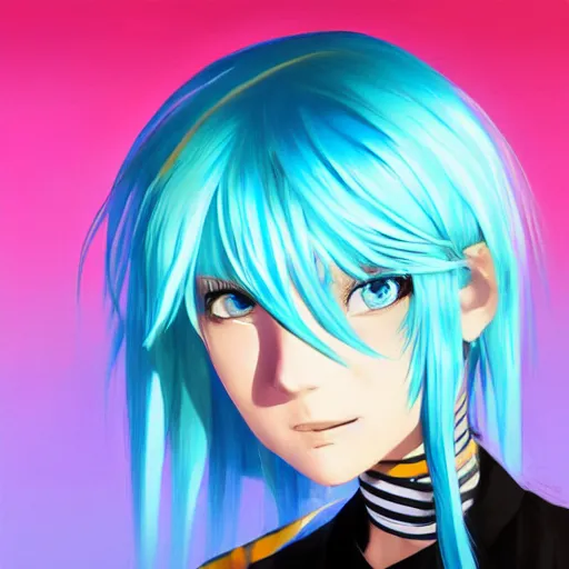 Image similar to profile shot of rimuru tempest, sky blue hair, straight hair, pretty, long bangs, amber eyes, all black jacket with white stripes, high collar, highly detailed, unreal engine 5, color block, digital painting, concept art, cinematic, wlop | artgerm, pixiv, greg rutkowski, ilya kuvshinov, andy warhol