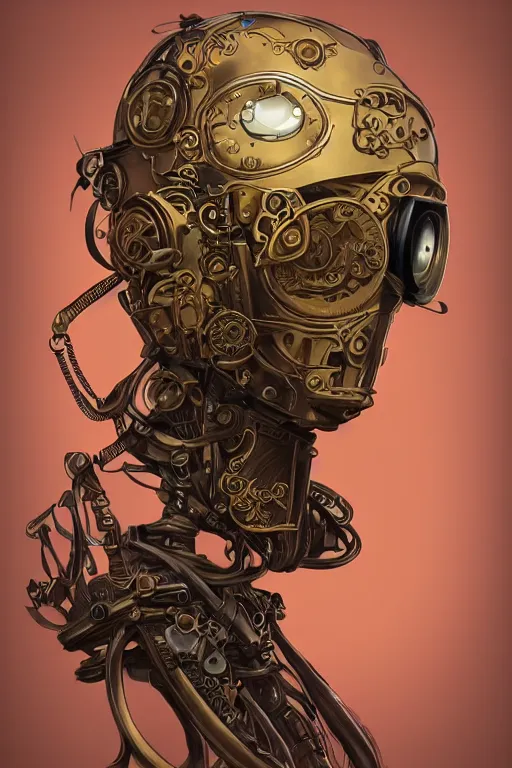 Image similar to steampunk helmet fantasy art mask robot ninja stylized digital illustration sharp focus, elegant intricate digital painting artstation concept art global illumination ray tracing advanced technology chaykin, howard and campion, pascale