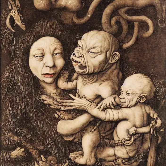 Prompt: a goblin monster mother and a baby, by Hans Holbein the Younger