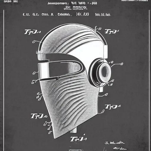 Prompt: a patent drawing of an intricate detailed vr headset from the future, extremely detailed alien technology vr!!! headset, with arrows and side angels