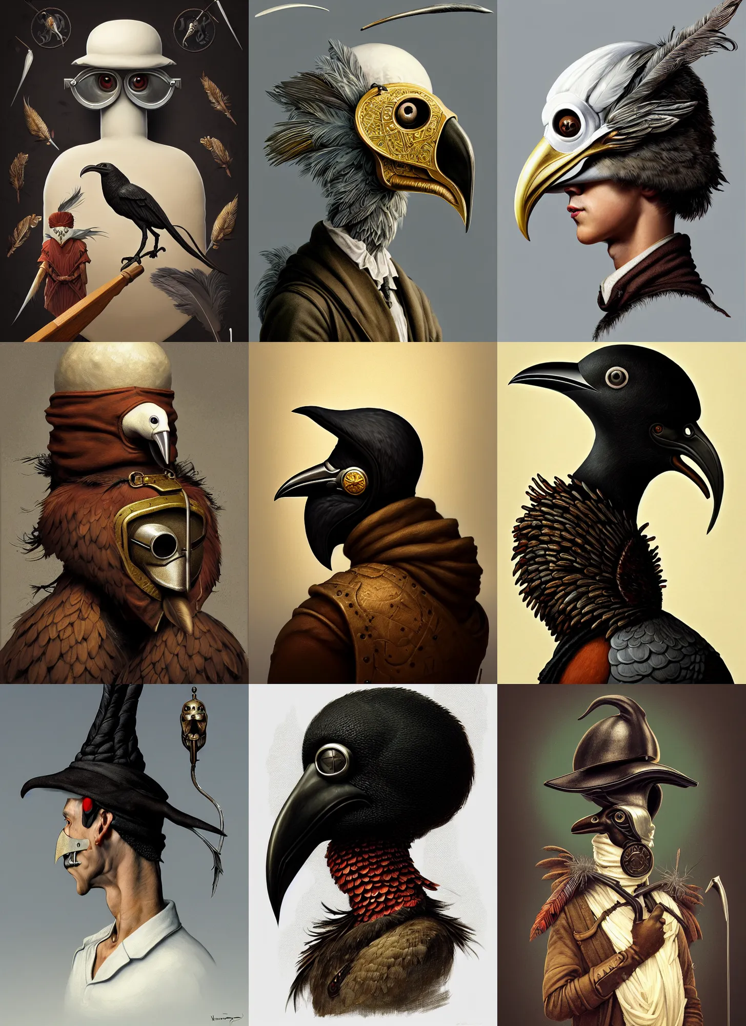 Prompt: rpg! profile!! portrait of humanoid bird on white background, beak, feathers, plague doctor, plastic doll, intricate, highly detailed, digital painting, artstation, concept art, smooth, sharp focus, illustration, art by norman rockwell emiliano ponzi andrey remnev yoann lossel aaron jasinski, 8 k