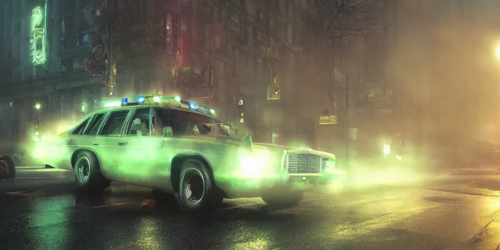 Image similar to parked Ecto-1 from Ghostbusters, fog, rain, volumetric lighting, beautiful, golden hour, sharp focus, ultra detailed, cgsociety