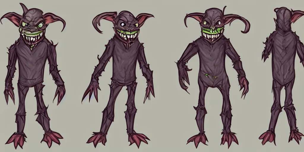 Image similar to Full body goblin, ripped suit, grinning, smile, concept sheet