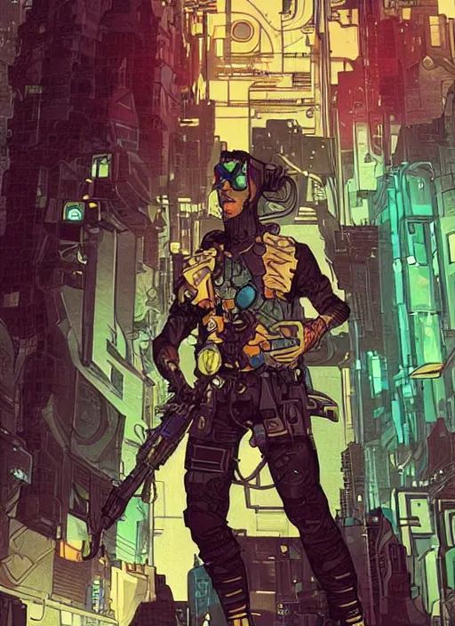 Prompt: the jackel. cyberpunk assassin with scenic background. portrait illustration, pop art, art by ashley wood, alphonse mucha, laurie greasley and josan gonzalez. cinematic. dynamic lighting. realistic proportions. creative design. cel shading, clean aesthetic