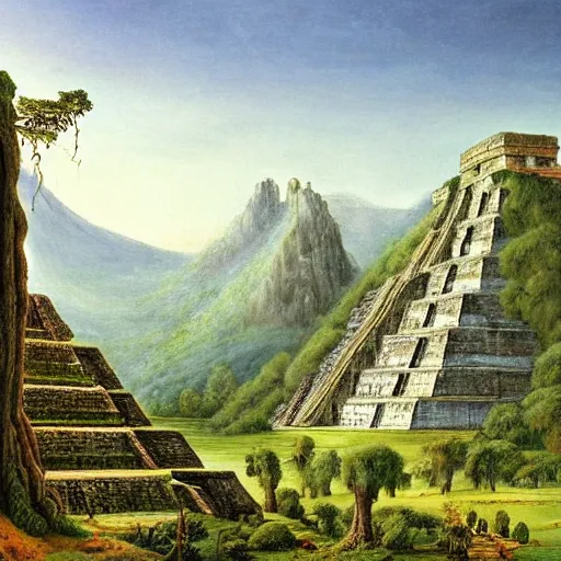 Image similar to A beautiful and highly detailed landscape painting of beautiful mayan temple in the mountains, detailed trees and cliffs, by Caspar Friedrich