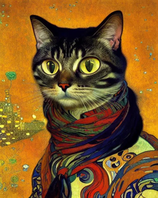 Image similar to gentleman cat portrait an oil painting splashes with many colors and shapes by gustav klimt greg rutkowski and alphonse mucha, polycount, generative art, psychedelic, fractalism, glitch art